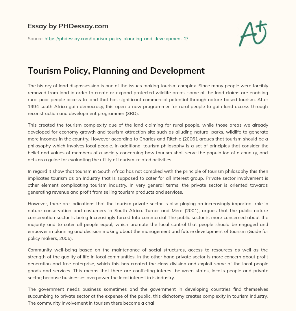 Tourism Policy, Planning and Development essay