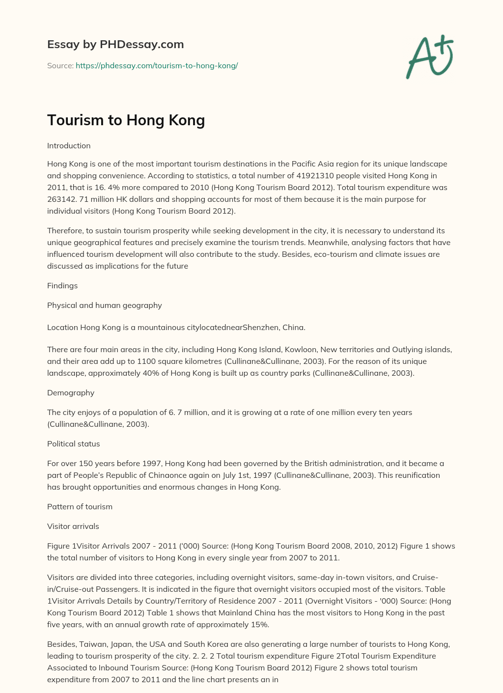 Tourism to Hong Kong essay
