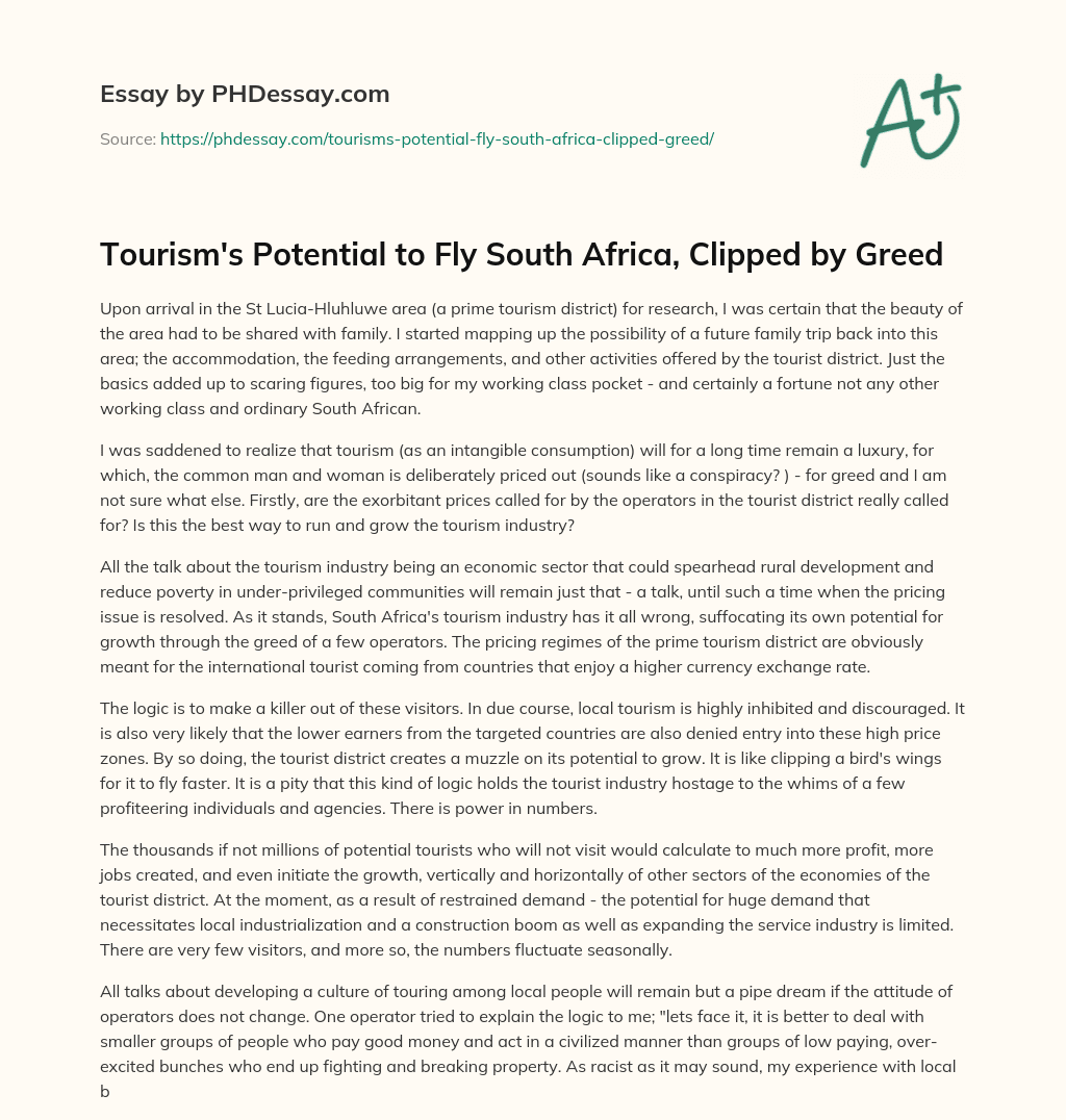 Tourism’s Potential to Fly South Africa, Clipped by Greed essay