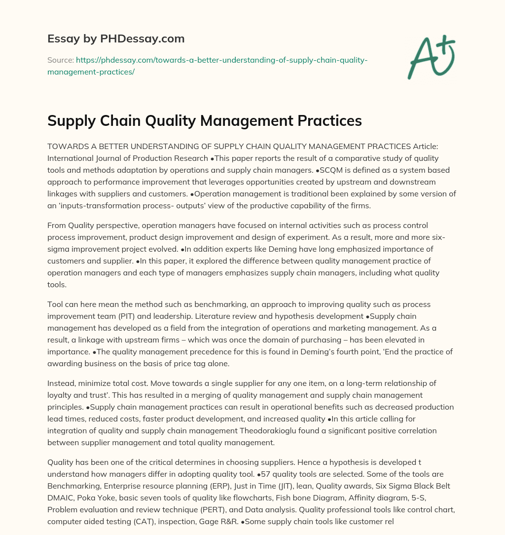 Supply Chain Quality Management Practices essay