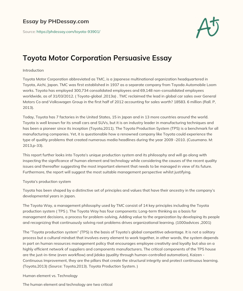 Toyota Motor Corporation Persuasive Essay essay