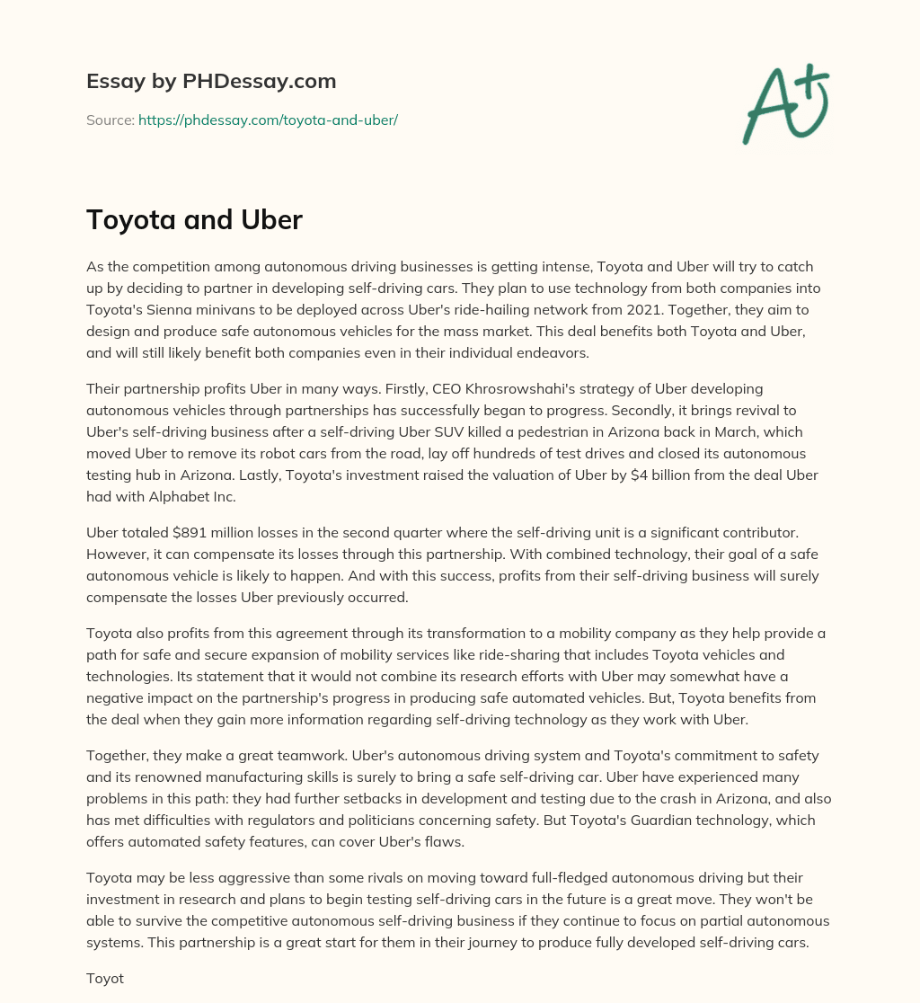 Toyota and Uber essay