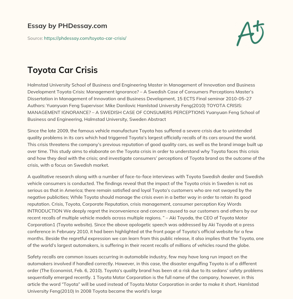 Toyota Car Crisis essay