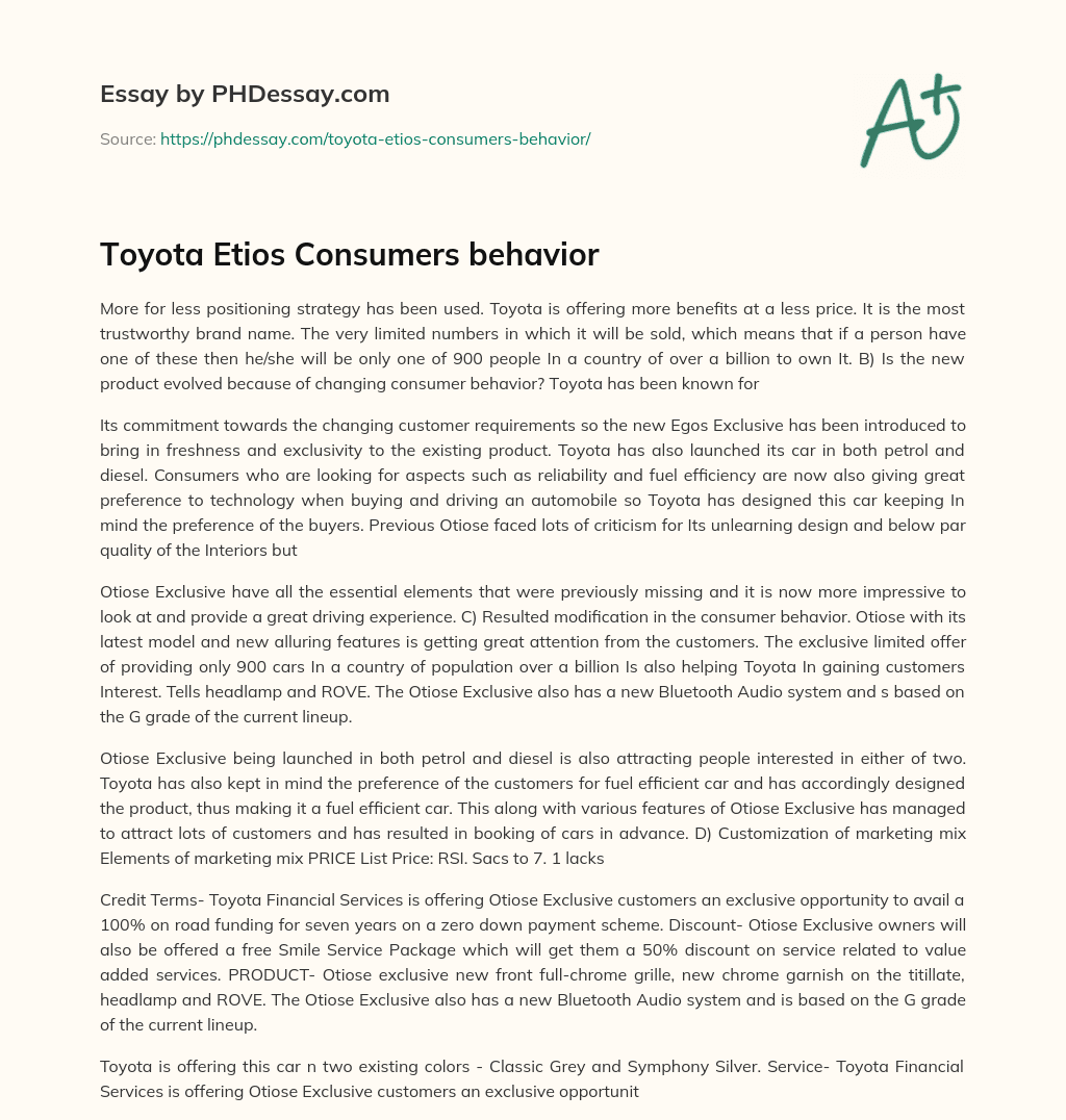 Toyota Etios Consumers behavior essay