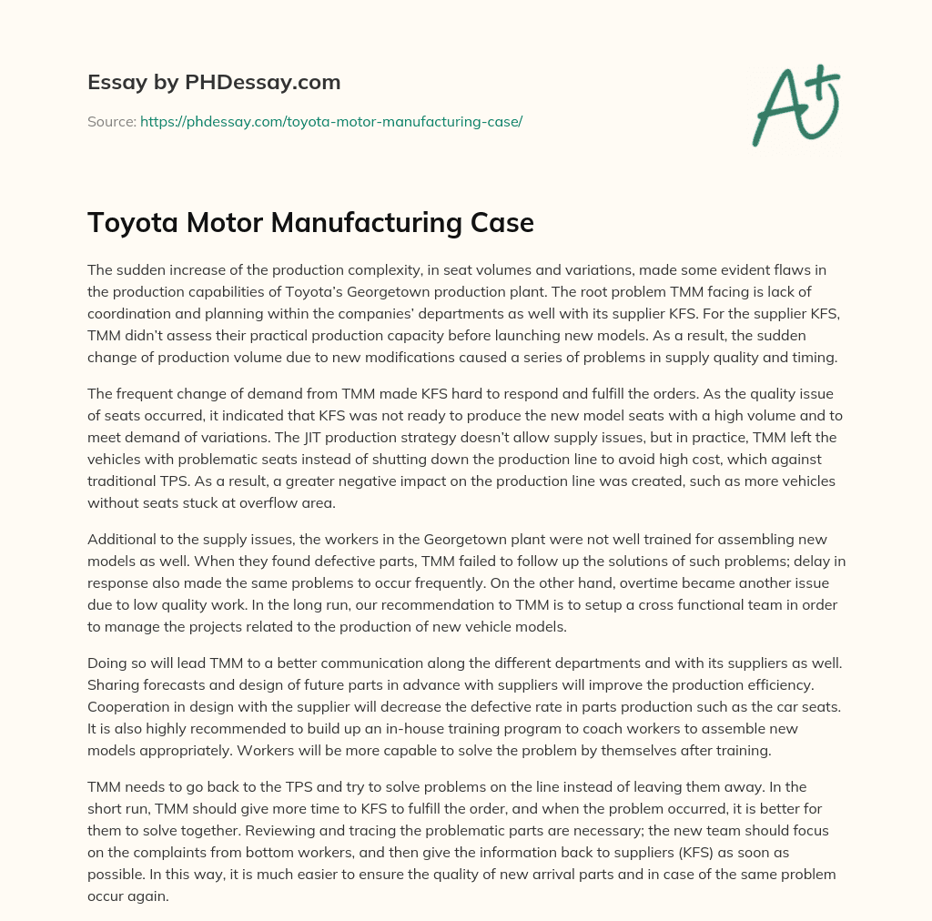 Toyota Motor Manufacturing Case essay