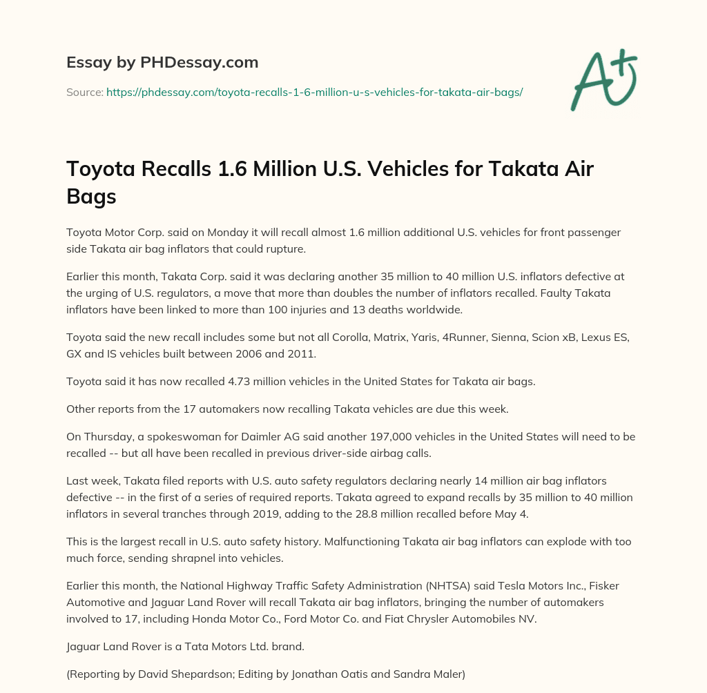 Toyota Recalls 1.6 Million U.S. Vehicles for Takata Air Bags essay