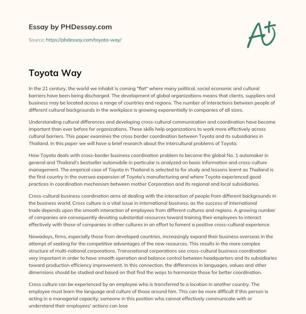Cross-Cultural Coordination in Global Organizations: A Case Study of Toyota in Thailand essay