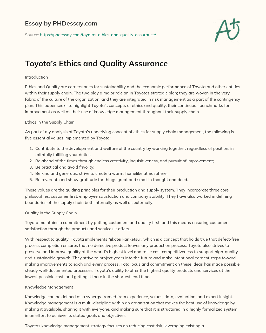 Toyota’s Ethics and Quality Assurance essay