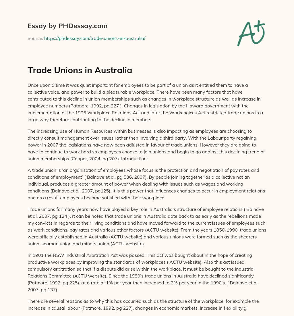 Trade Unions in Australia essay