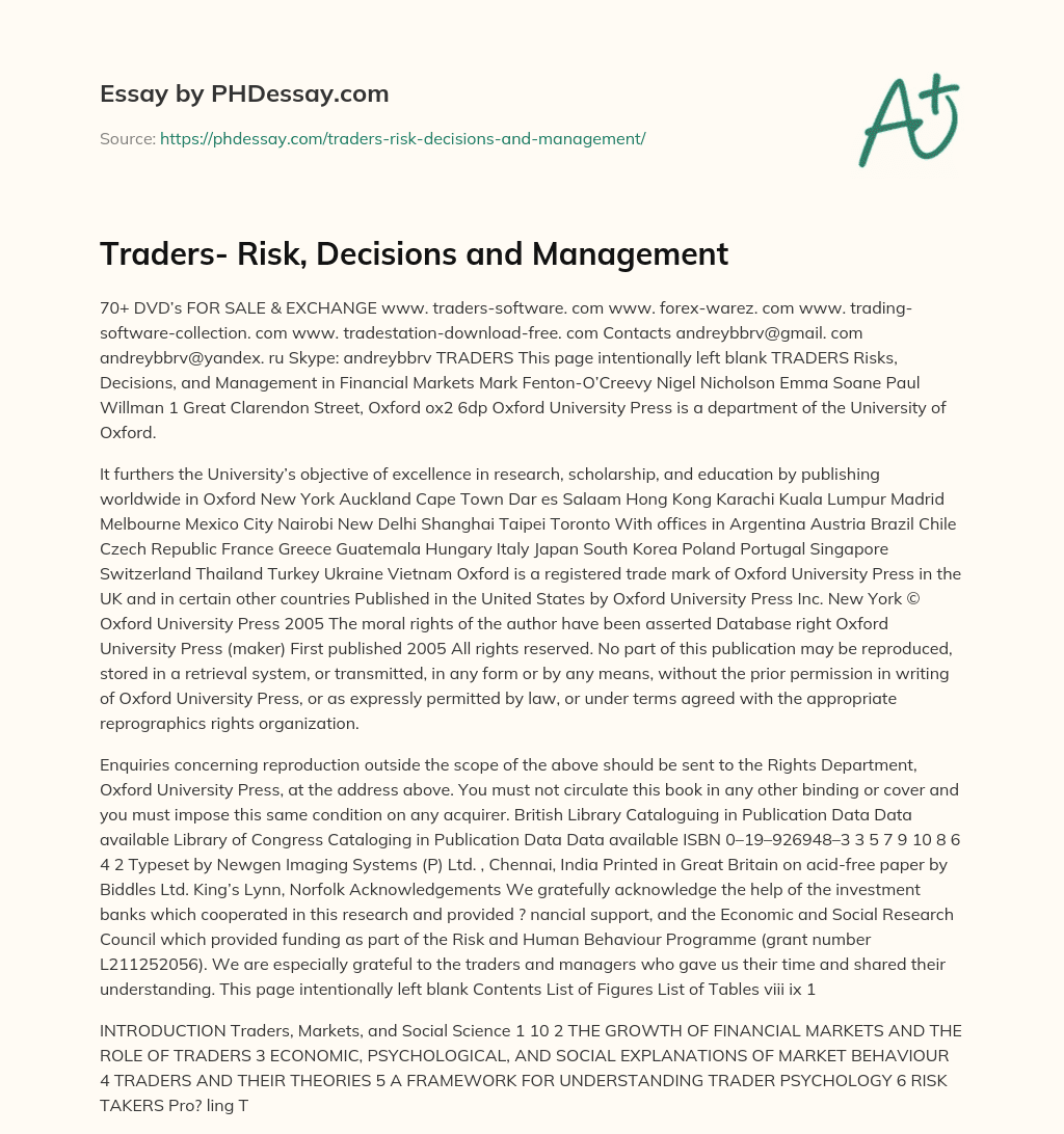 Traders- Risk, Decisions and Management essay