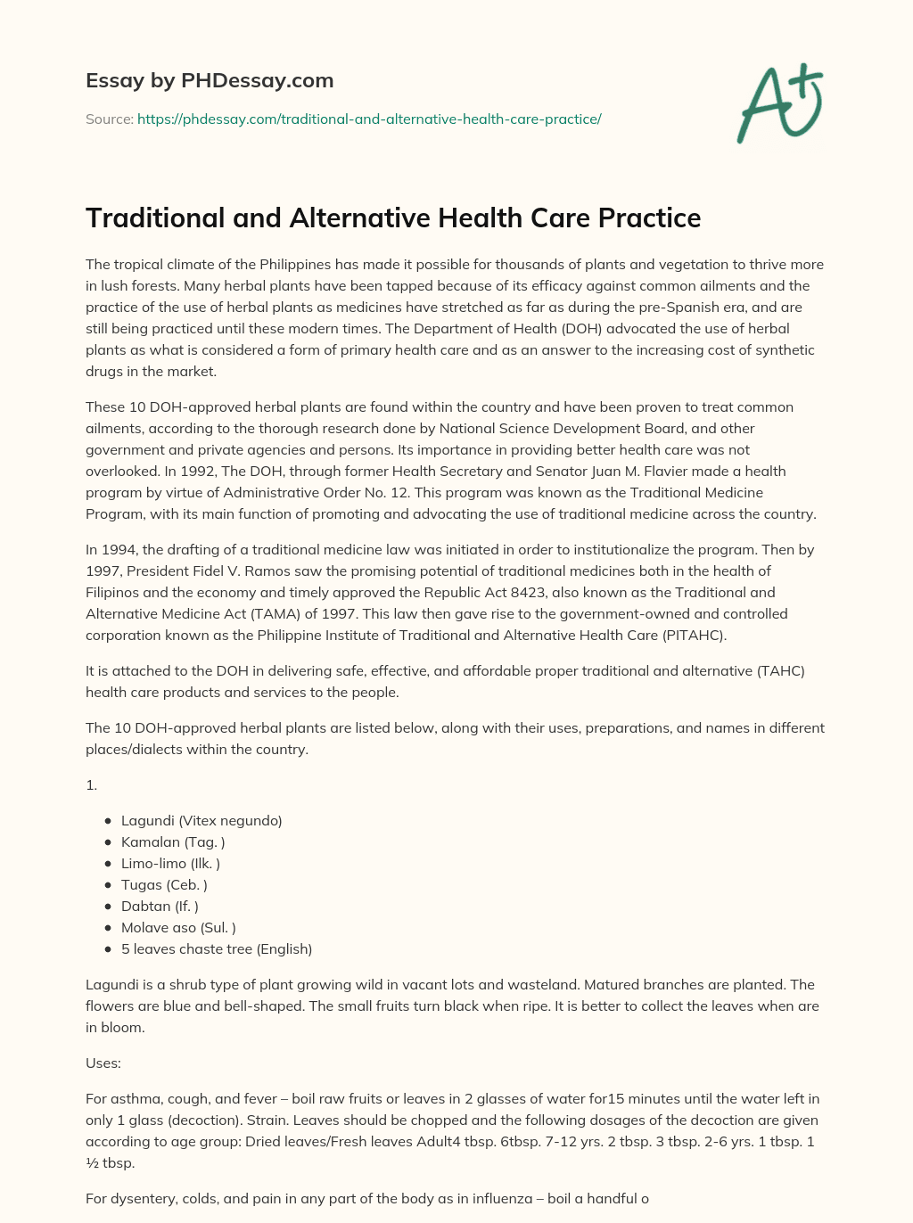 Traditional and Alternative Health Care Practice essay