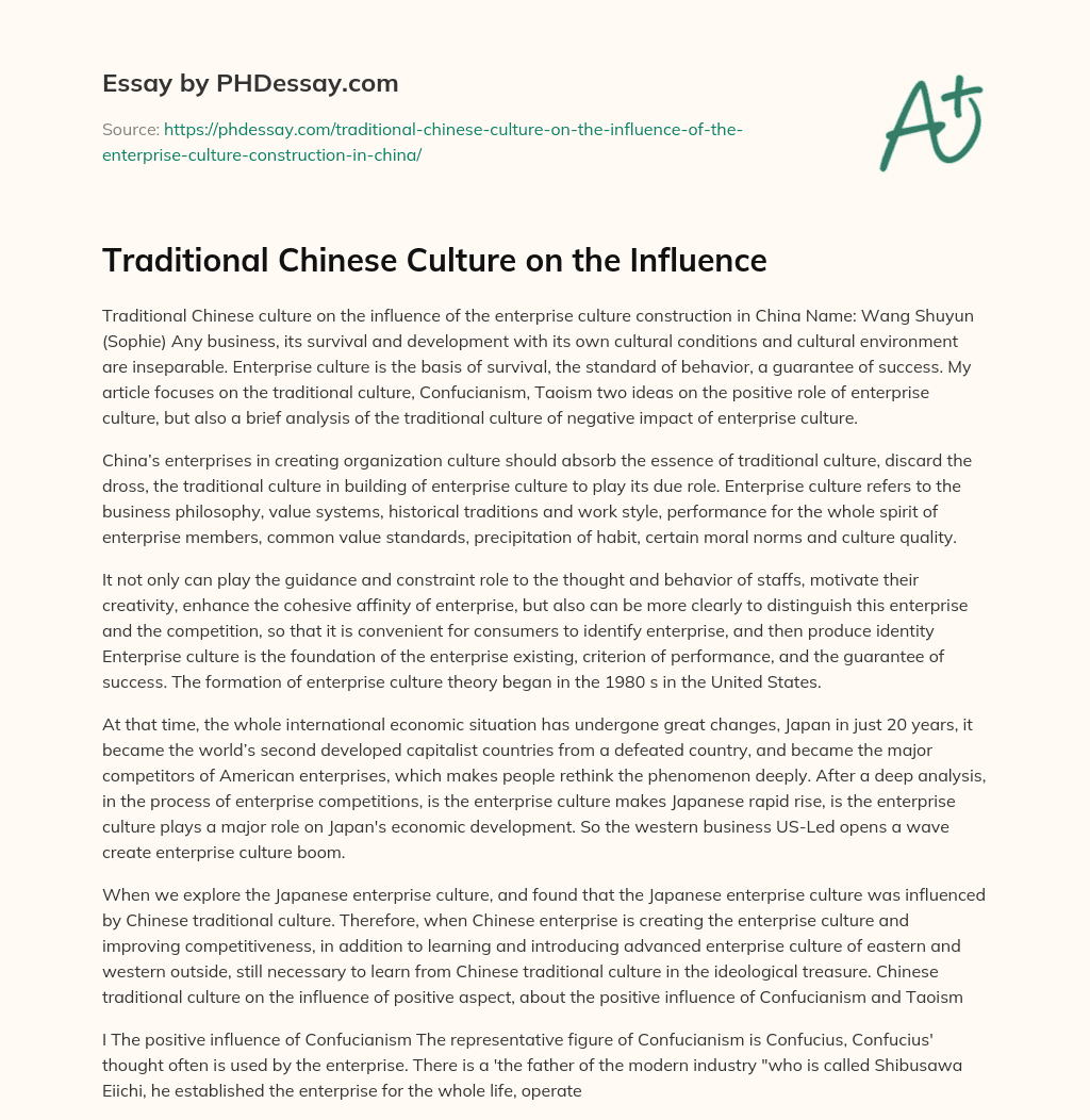 Traditional Chinese Culture on the Influence essay