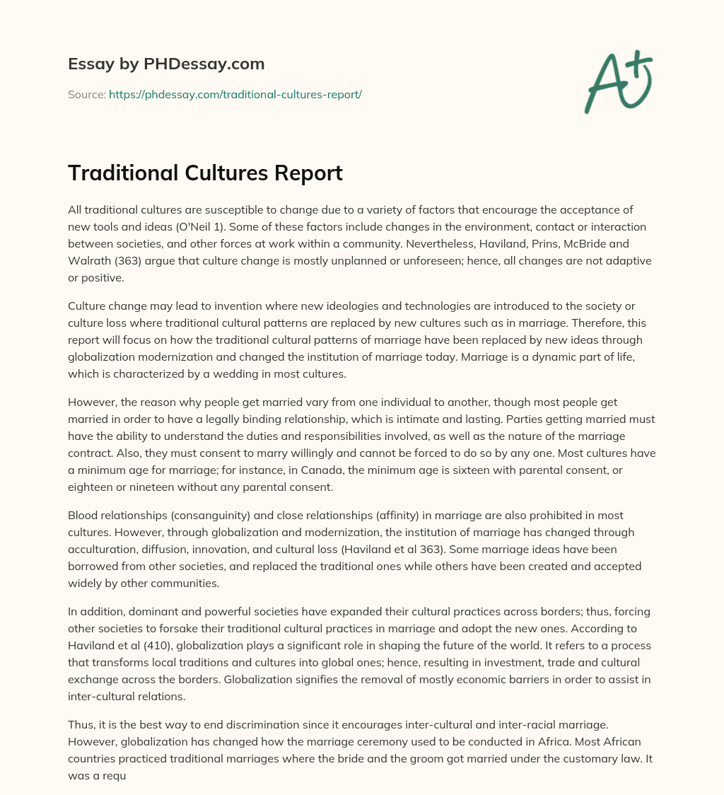 Traditional Cultures Report essay