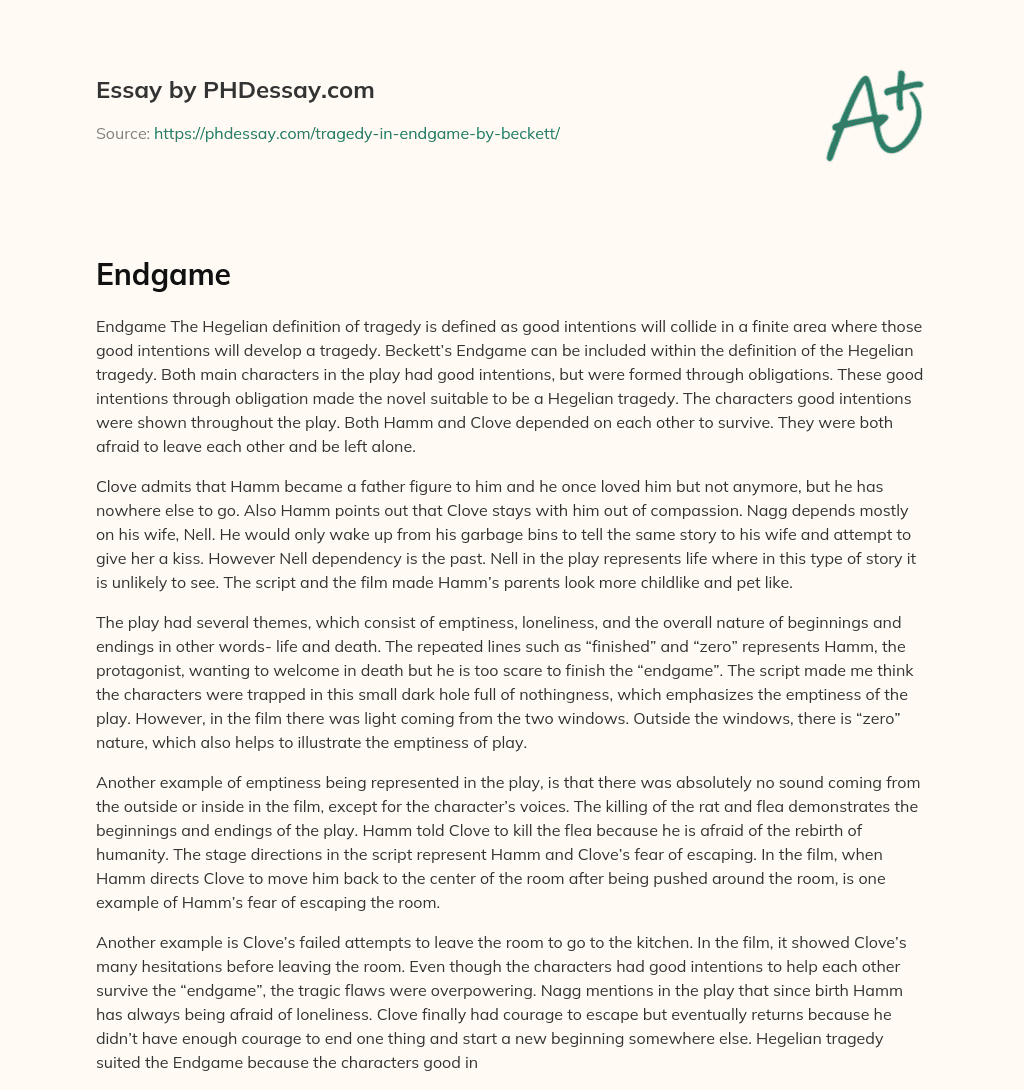 Endgame as a Hegelian Tragedy: Analysis of Characters’ Good Intentions and Obligations essay