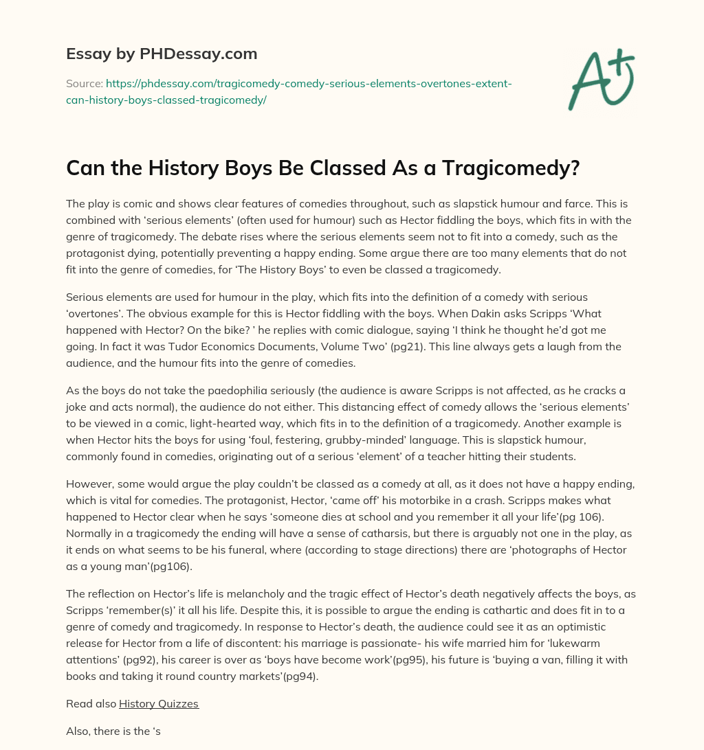 Can the History Boys Be Classed As a Tragicomedy? essay
