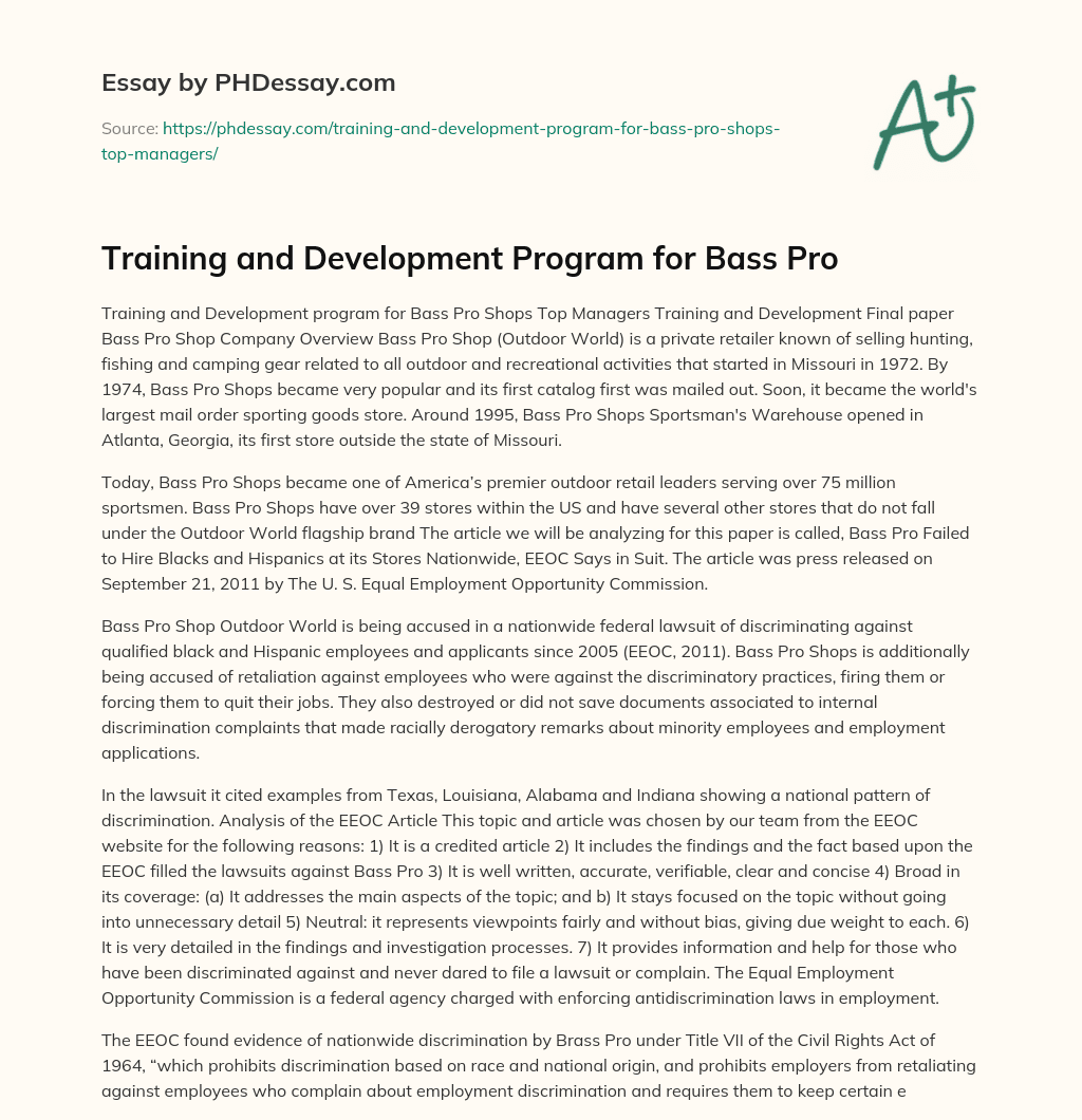 Training and Development Program for Bass Pro essay