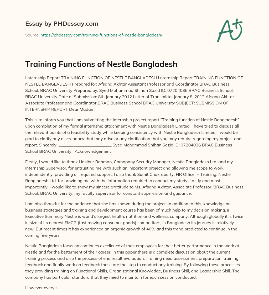 Training Functions of Nestle Bangladesh essay