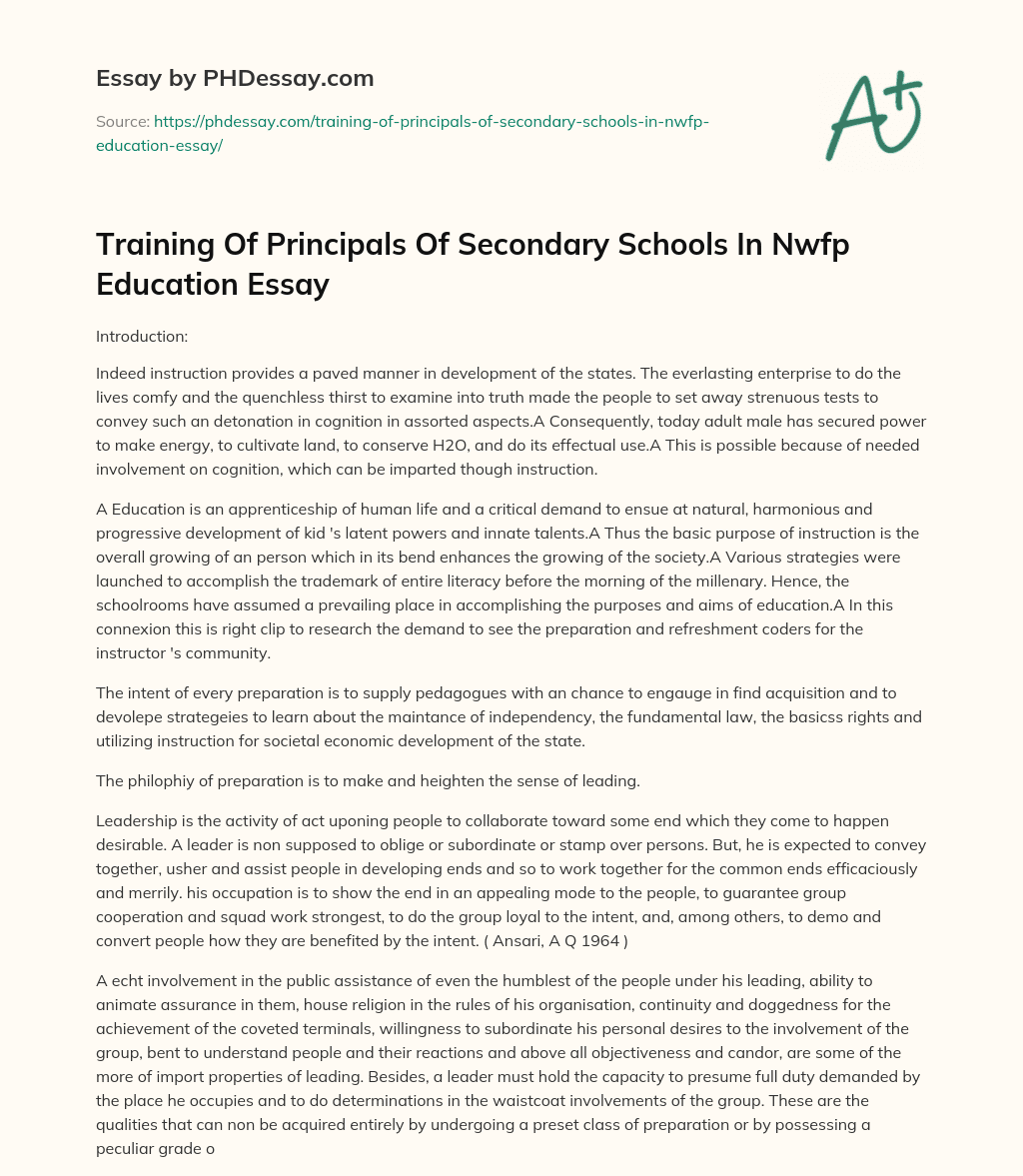 Training Of Principals Of Secondary Schools In Nwfp Education Essay essay