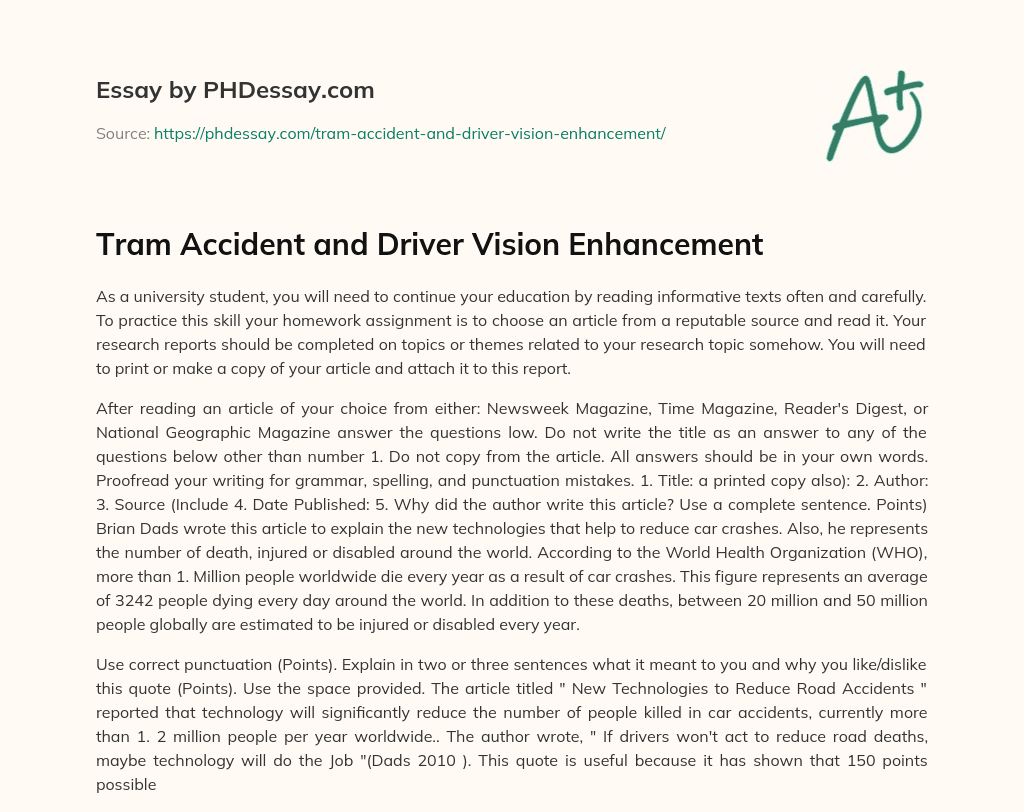 Tram Accident and Driver Vision Enhancement essay