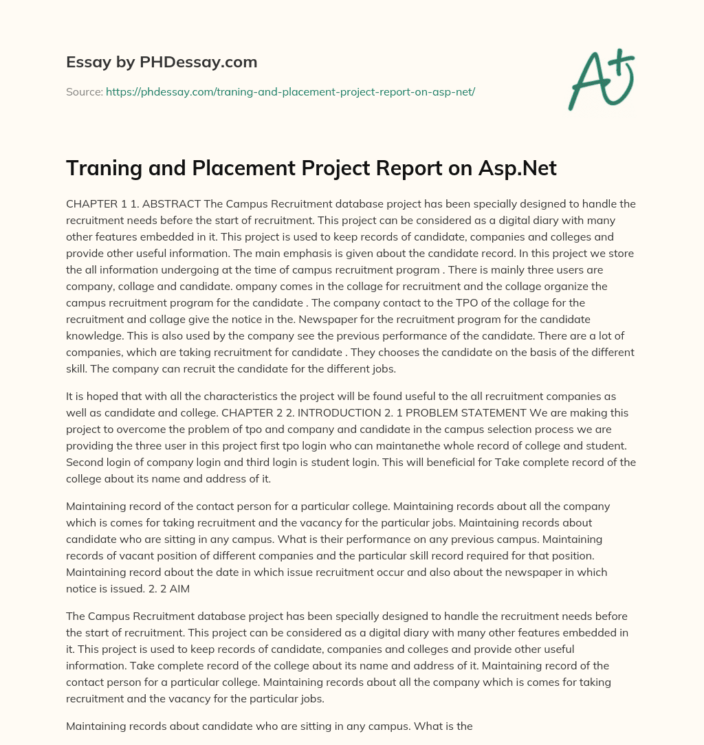 Traning and Placement Project Report on Asp.Net essay