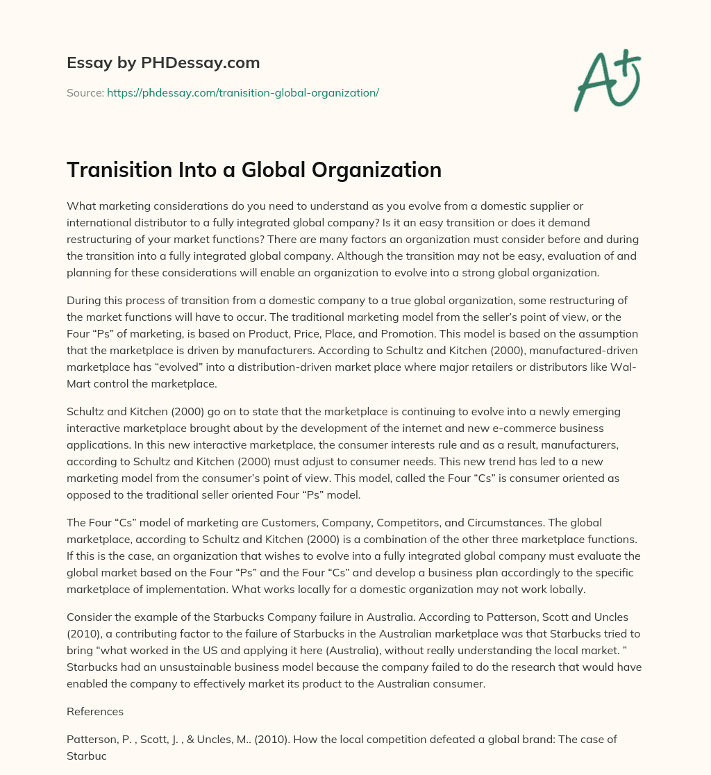 Tranisition Into a Global Organization essay