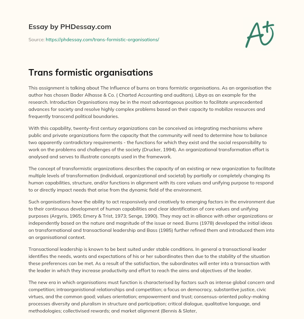 Trans formistic organisations essay