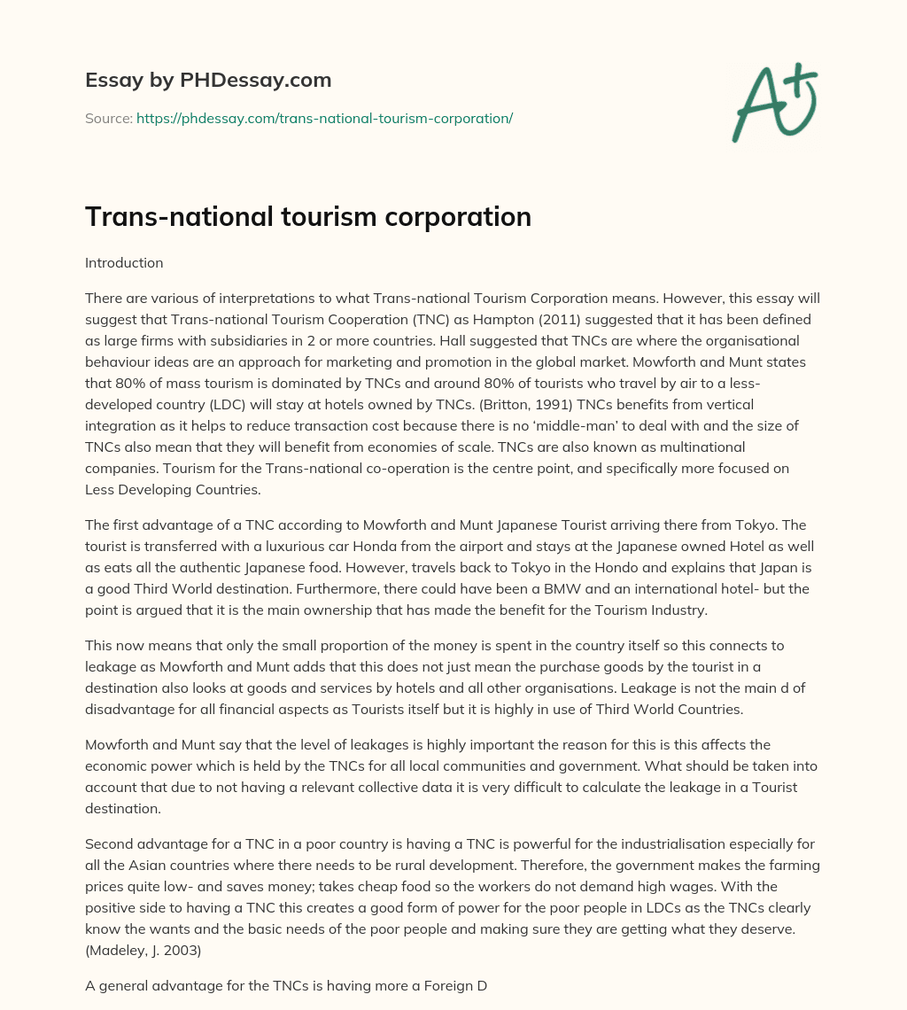 Trans-national tourism corporation essay
