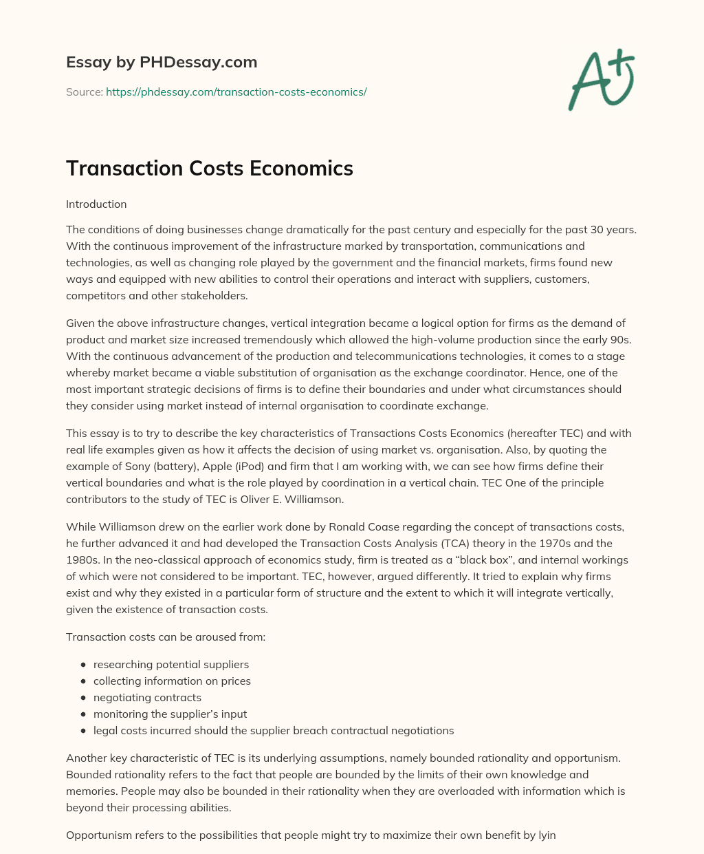 Transaction Costs Economics essay