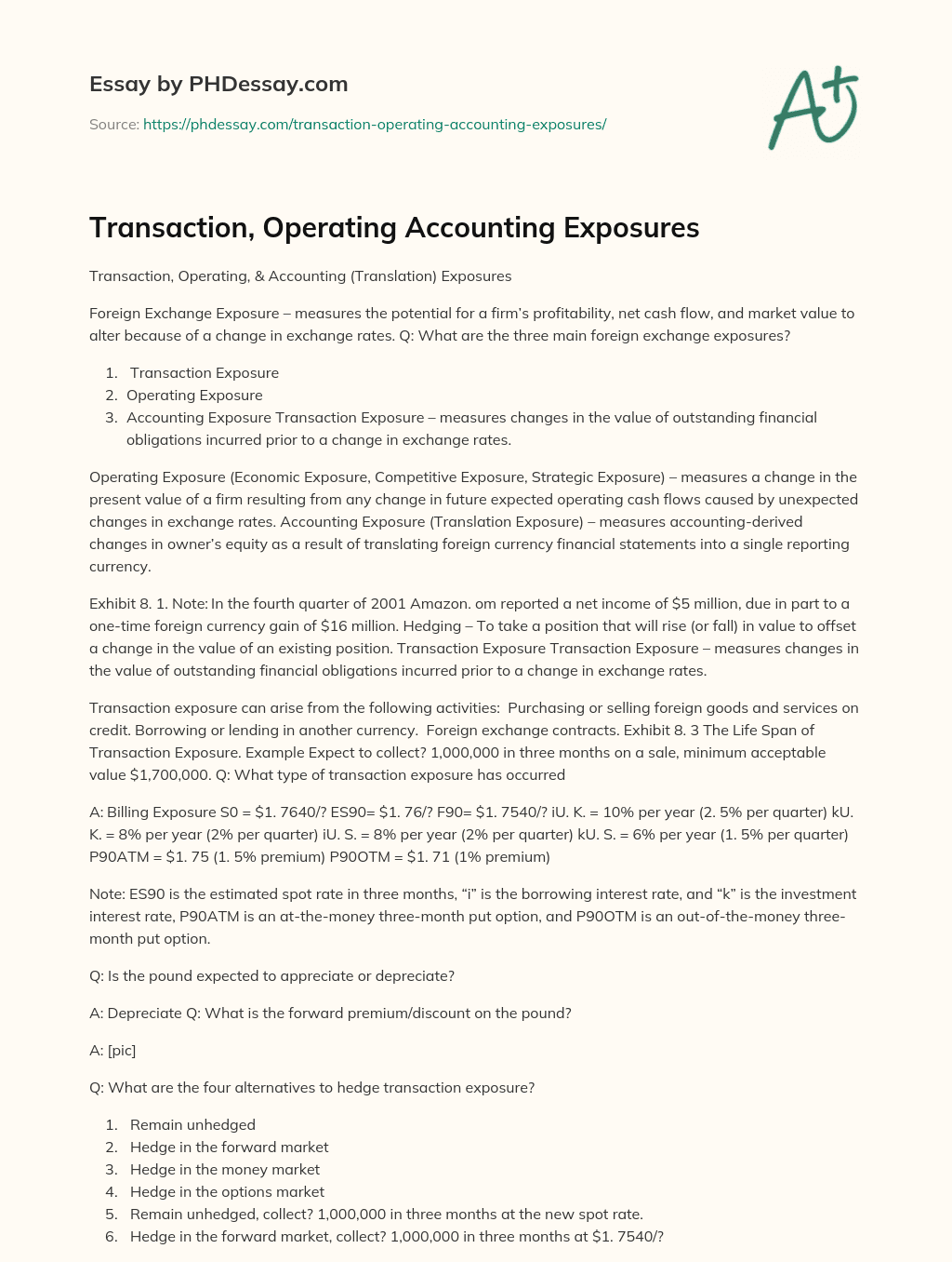 Transaction, Operating Accounting Exposures - PHDessay.com