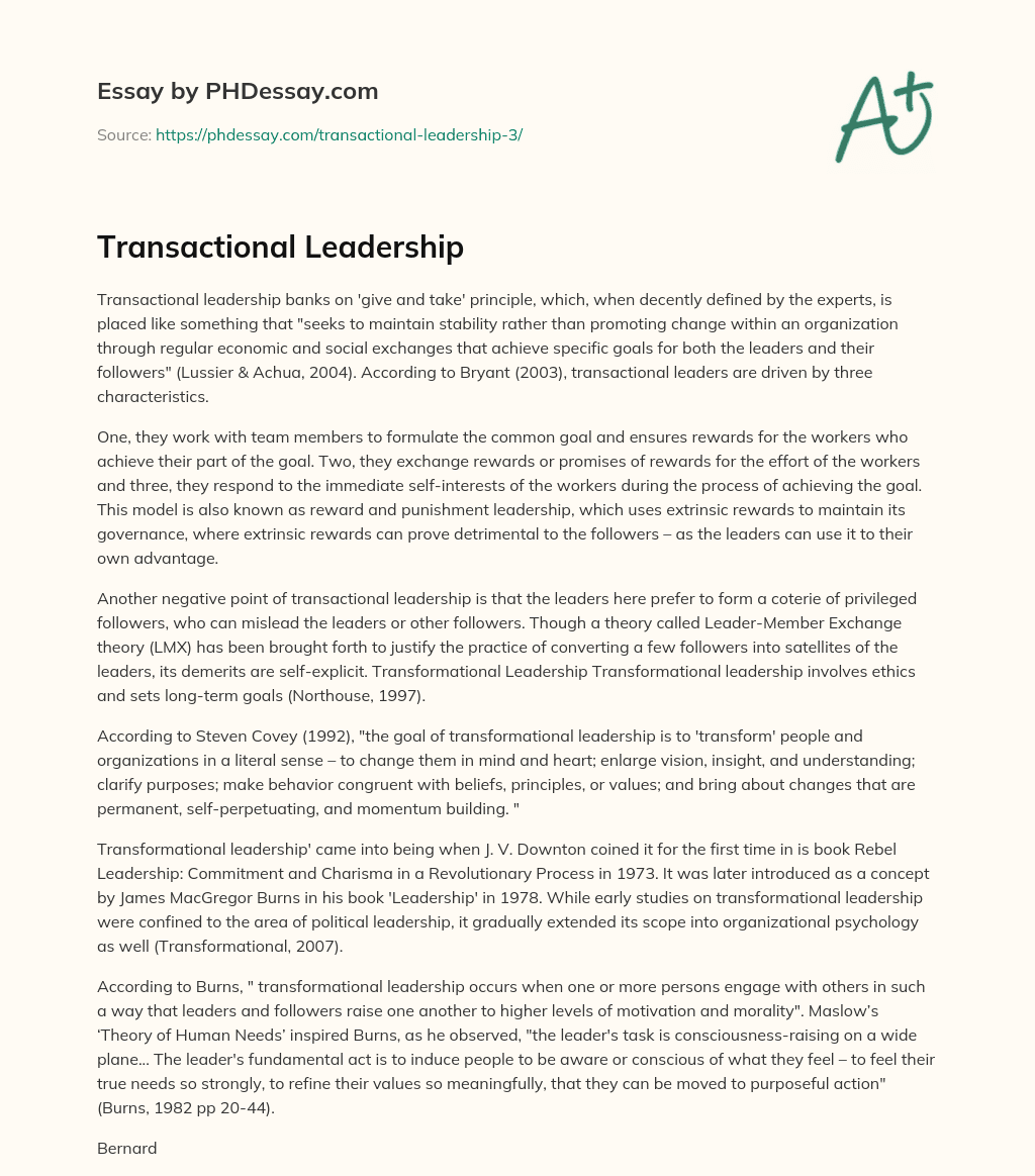 Transactional Leadership essay