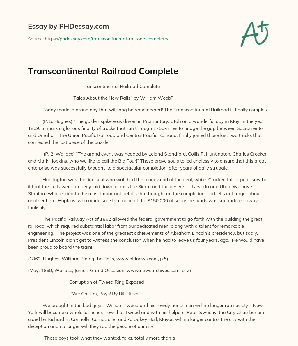 Transcontinental Railroad Complete Essay Example
