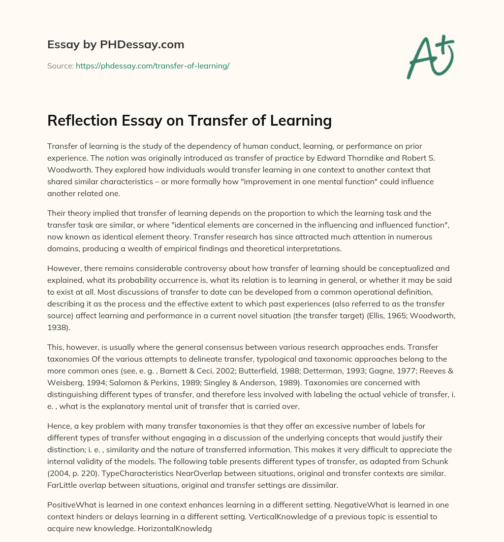 Reflection Essay on Transfer of Learning essay