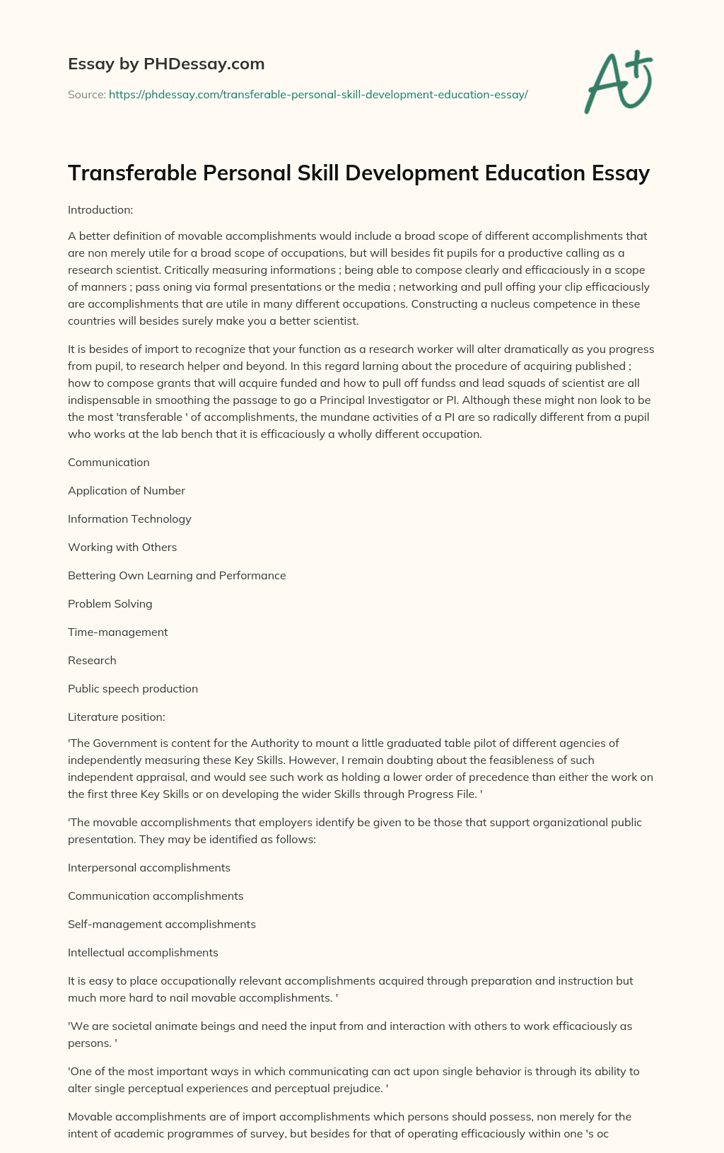Transferable Personal Skill Development Education Essay essay
