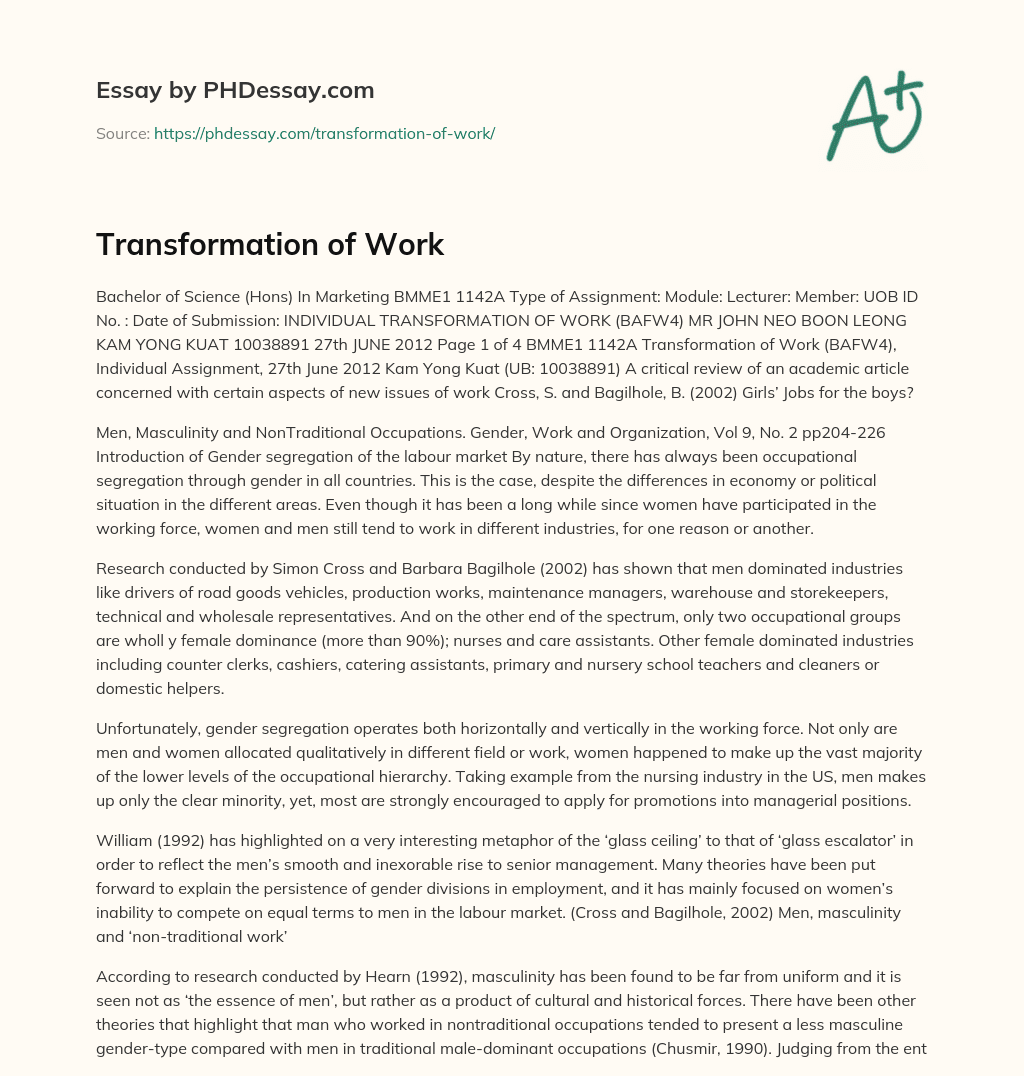 Transformation of Work essay