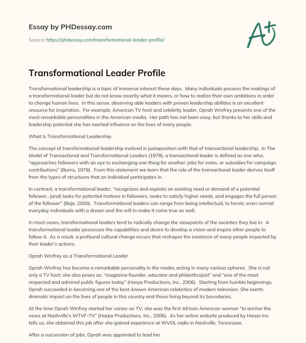 Transformational Leader Profile essay