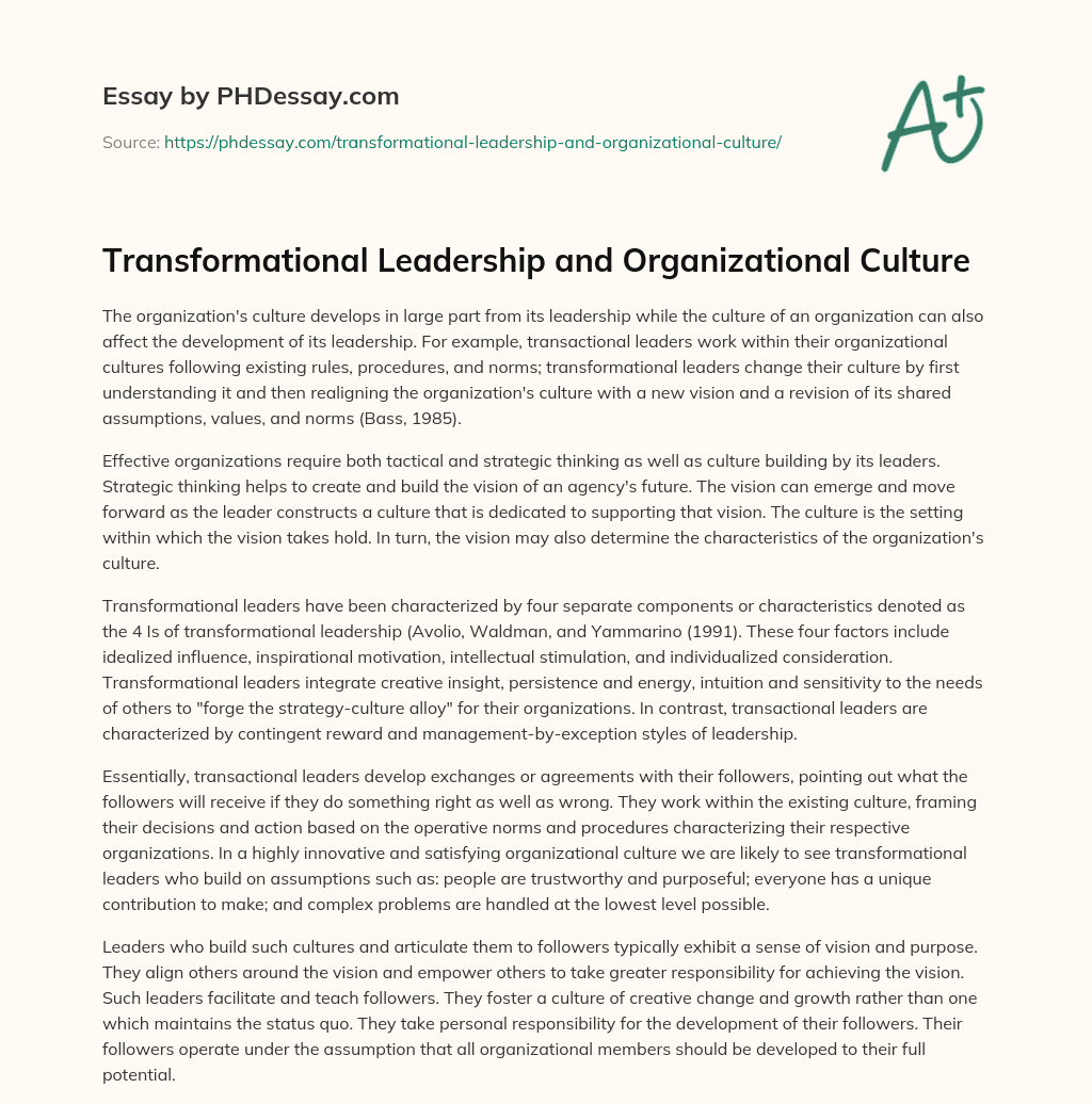 Transformational Leadership and Organizational Culture essay