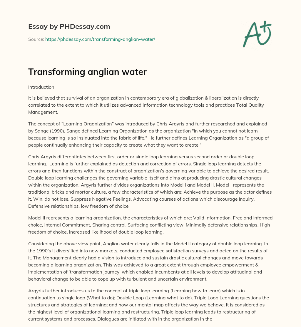 Transforming anglian water essay