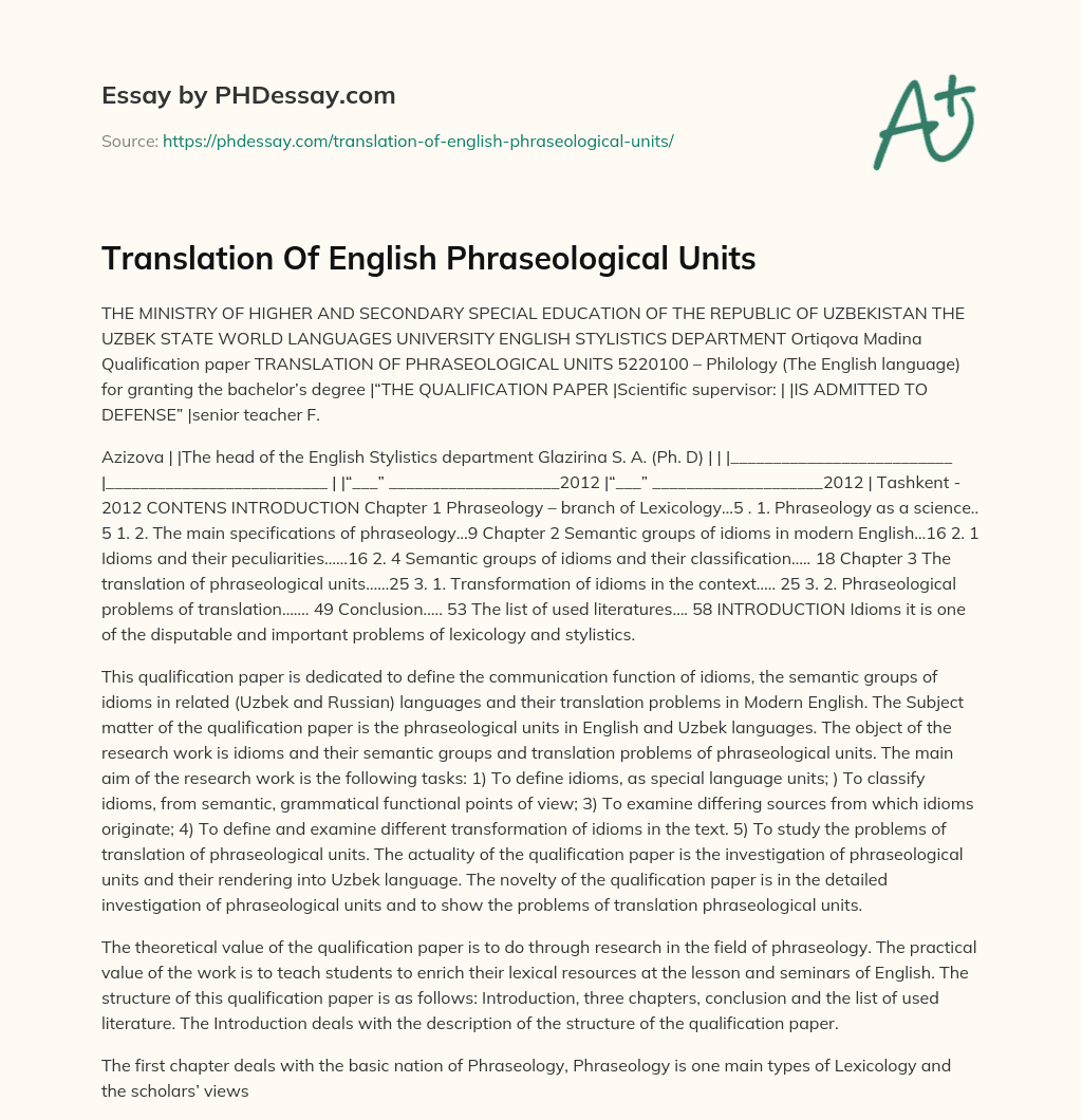 Translation Of English Phraseological Units essay