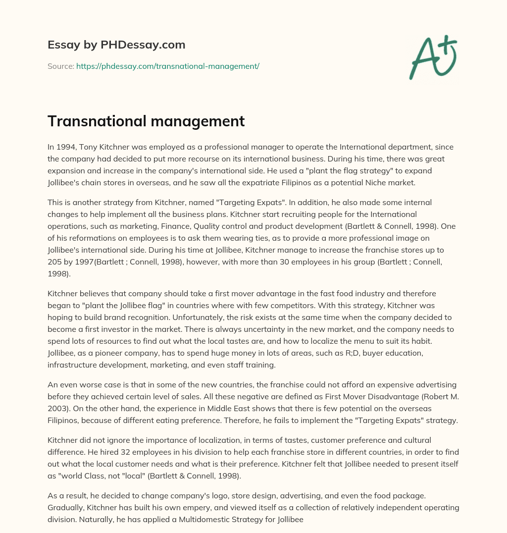 Transnational management essay