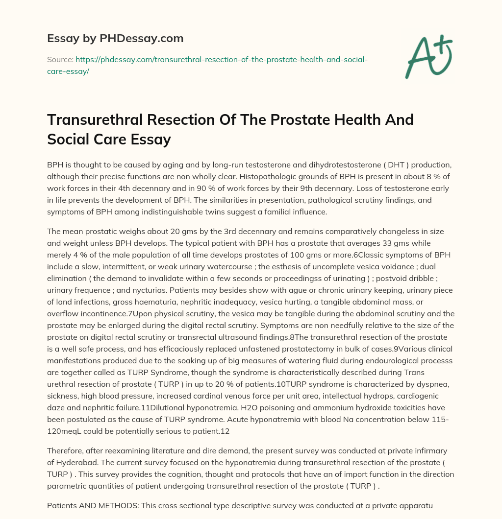 Transurethral Resection Of The Prostate Health And Social Care Essay essay