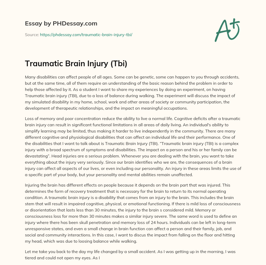 Traumatic Brain Injury (Tbi) essay