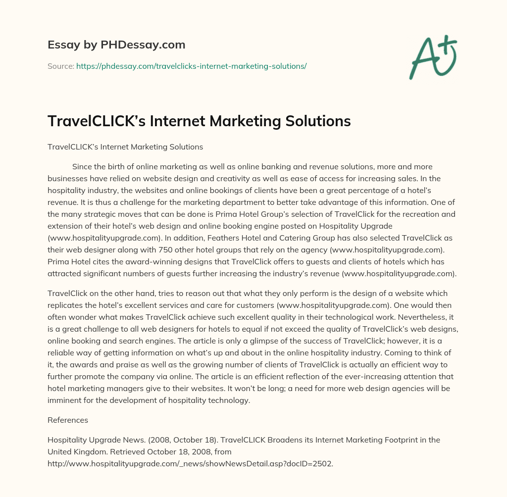 TravelCLICK’s Internet Marketing Solutions essay