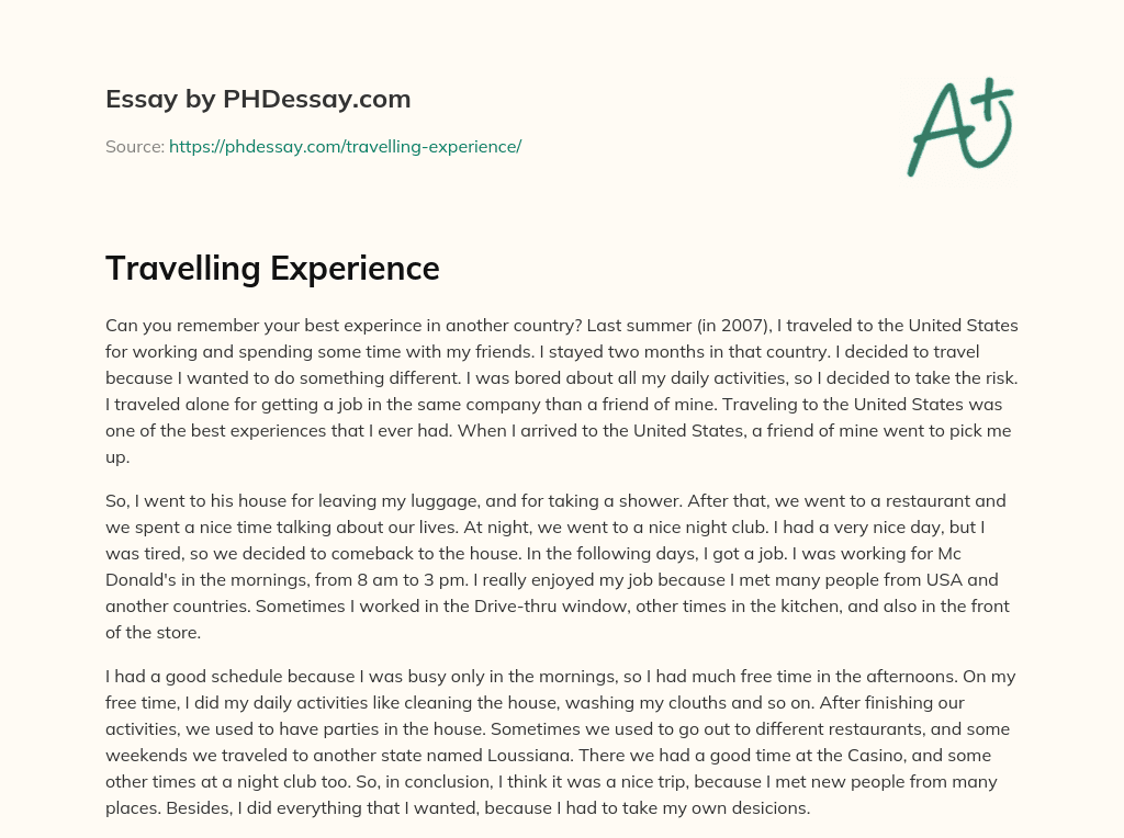 Travelling Experience essay