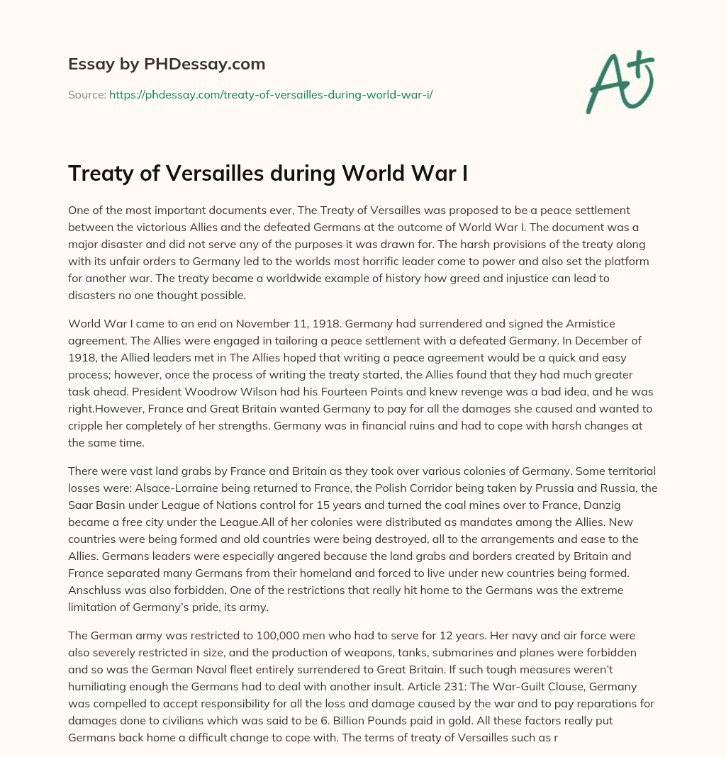 Treaty of Versailles during World War I - PHDessay.com