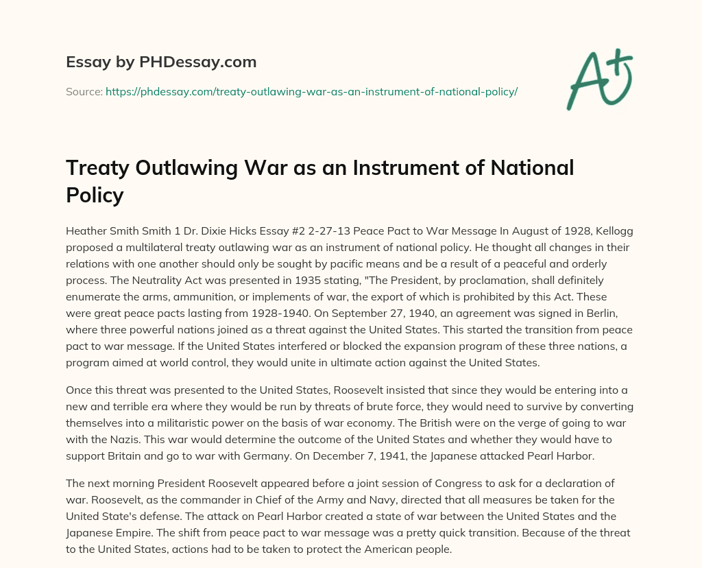 Treaty Outlawing War as an Instrument of National Policy essay
