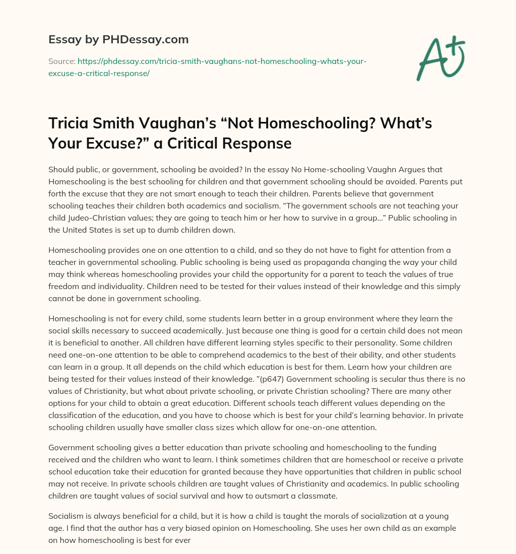 Tricia Smith Vaughan’s “Not Homeschooling? What’s Your Excuse?” a Critical Response essay