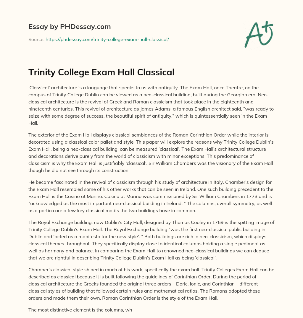 Trinity College Exam Hall Classical essay