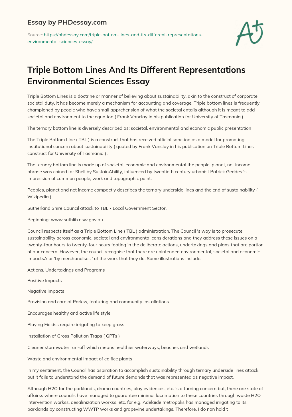 Triple Bottom Lines And Its Different Representations Environmental Sciences Essay essay