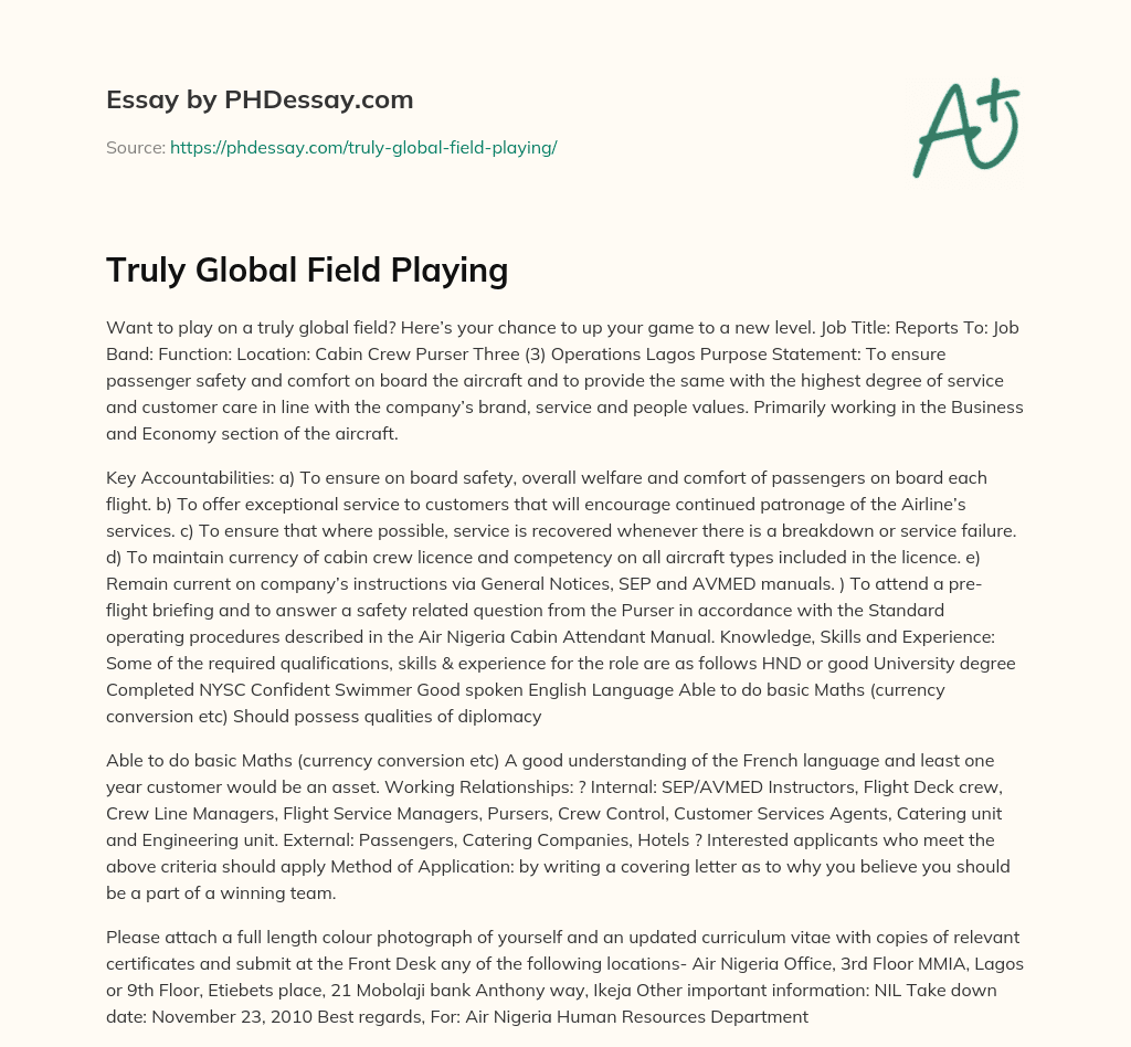 Truly Global Field Playing essay