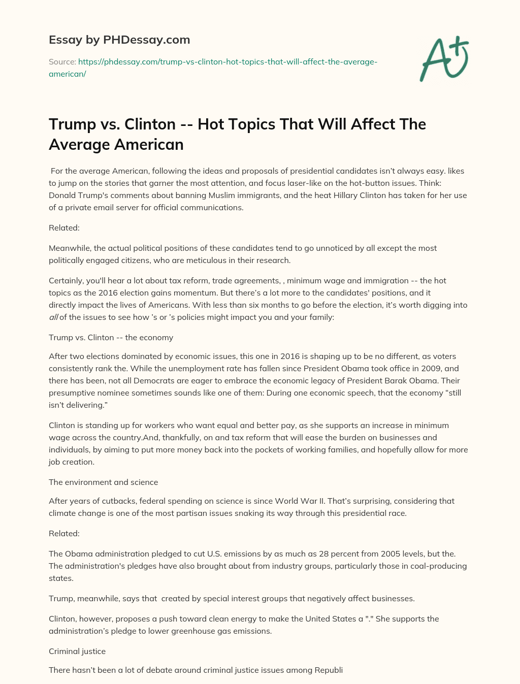 Trump vs. Clinton — Hot Topics That Will Affect The Average American essay